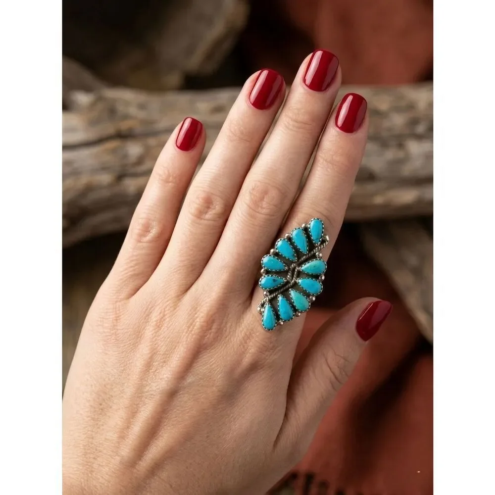 Kingman Turquoise 925 Sterling Silver Ring Statement Southwestern Cluster Size 6